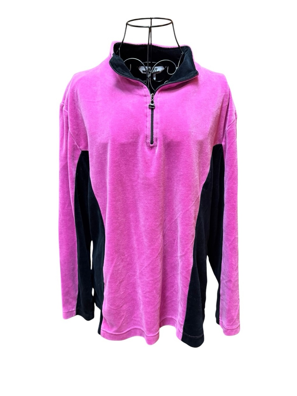 Blast Retro Pink and Black Half-Zip Pullover Velour Athleisure Sweater